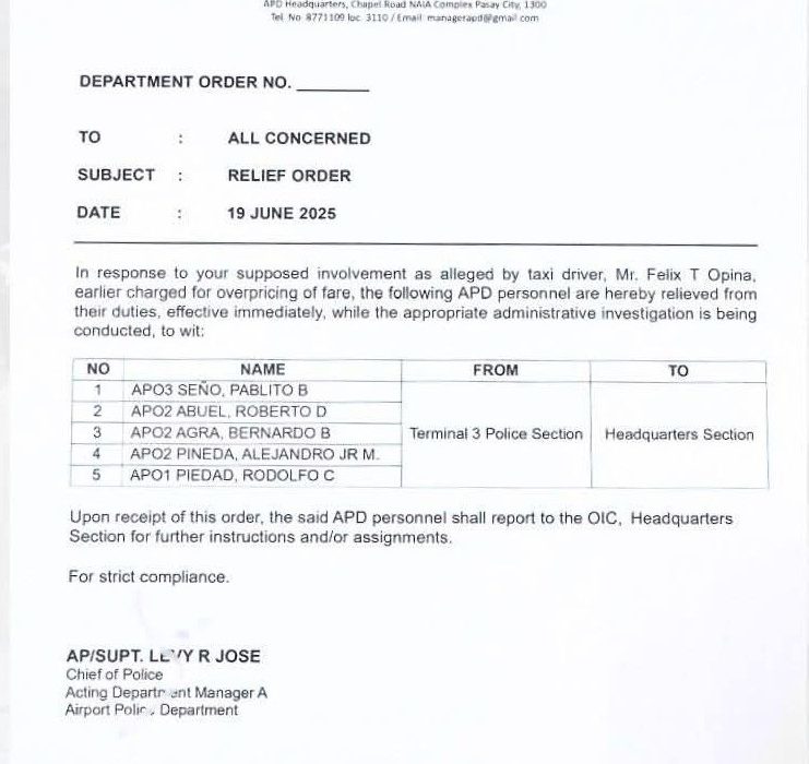 DOTr Orders Relief of 5 NAIA Police Officers in Taxi Extortion Scheme