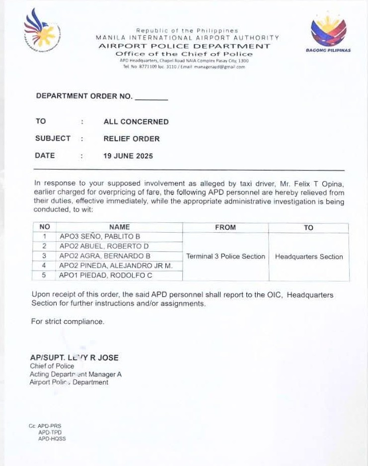 DOTr Orders Relief of 5 NAIA Police Officers in Taxi Extortion Scheme
